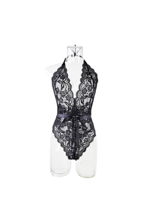Seductive Deep V Lace Bodysuit - Sheer Black Lingerie With Backless Design